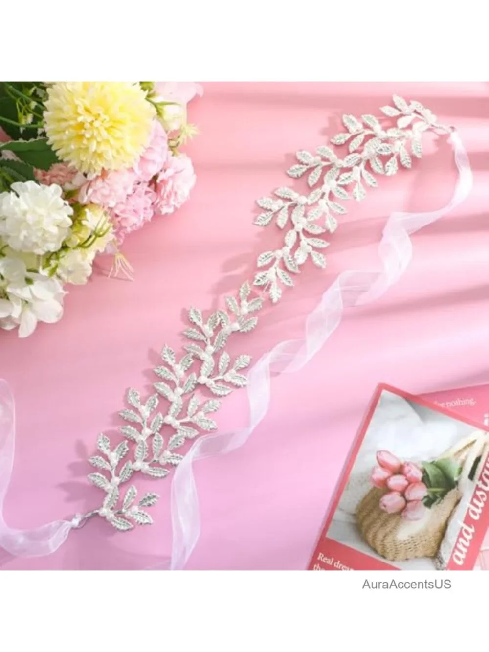 Silver Leaf Pearl Bridal Belt with Organza - Adjustable Wedding Sash